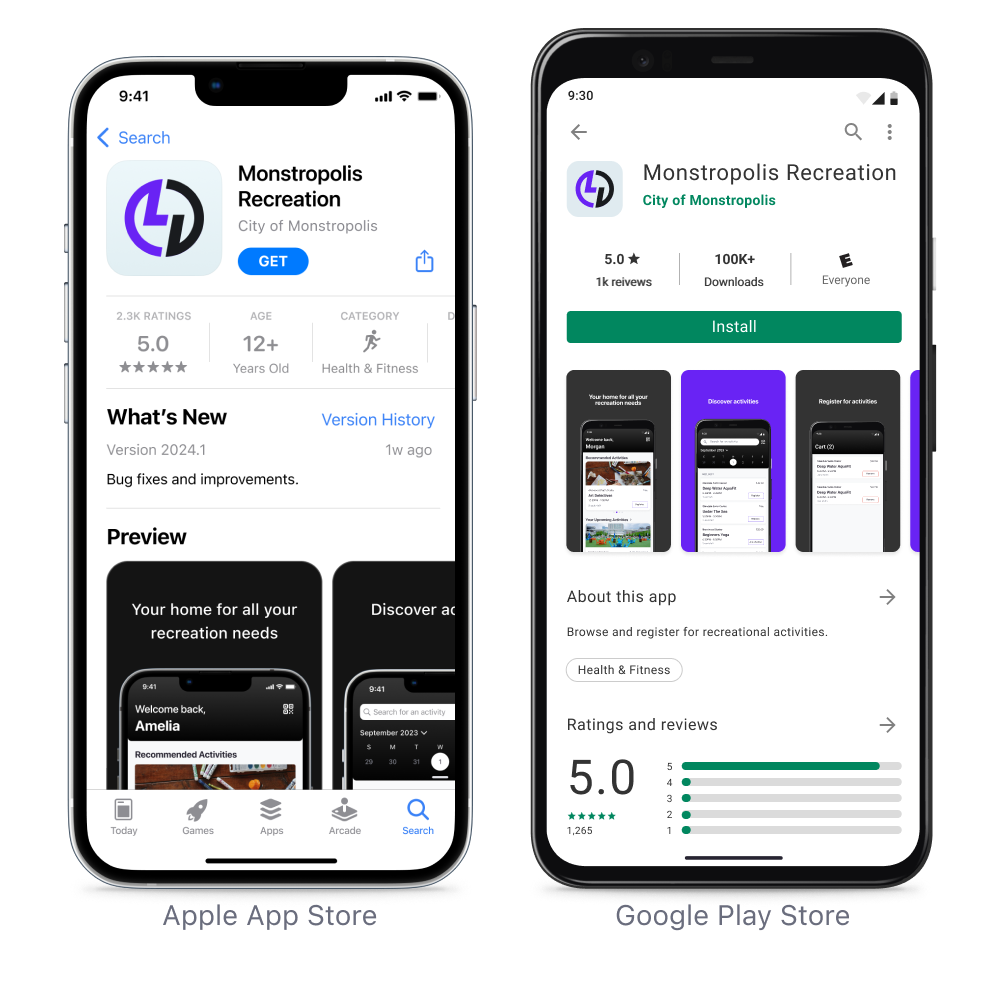 xplor recreation mobile app store download examples shown on apple and android mobile phones